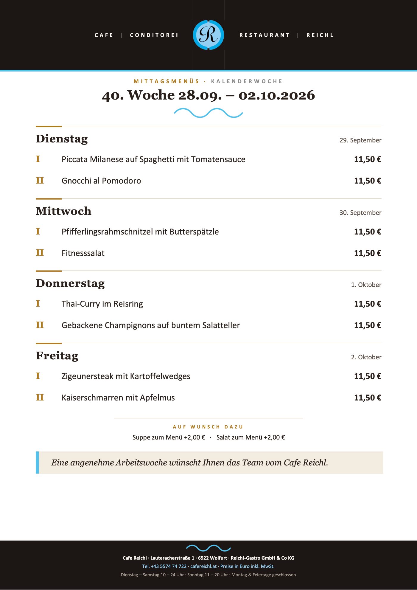 Menüplan der Woche im Cafe Reichl Wolfurt